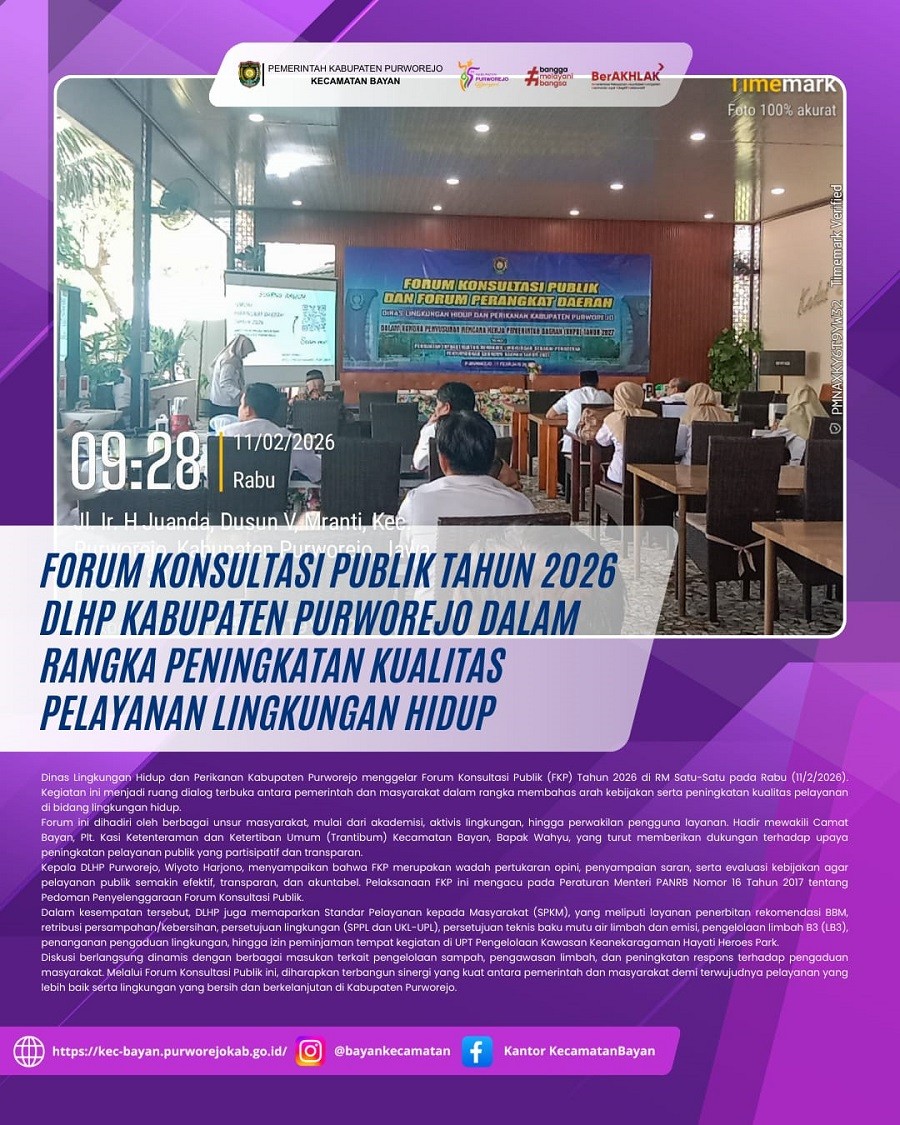 Forum Konsultasi Publik Tahun 2026 DLHP Kabupaten Purworejo dalam Rangka Peningkatan Kualitas Pelayanan Lingkungan Hidup