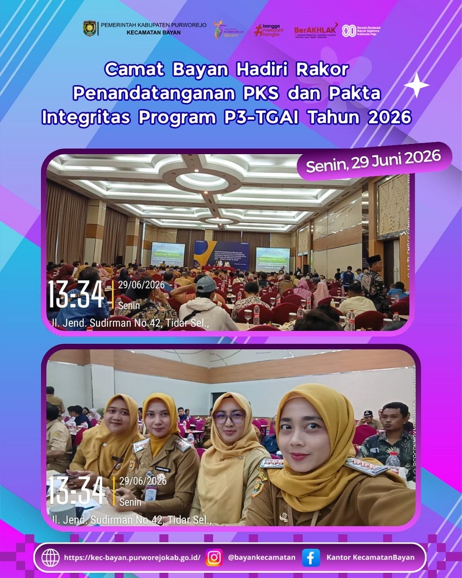 Camat Bayan Hadiri Rakor Penandatanganan PKS dan Pakta Integritas Program P3-TGAI Tahun 2026