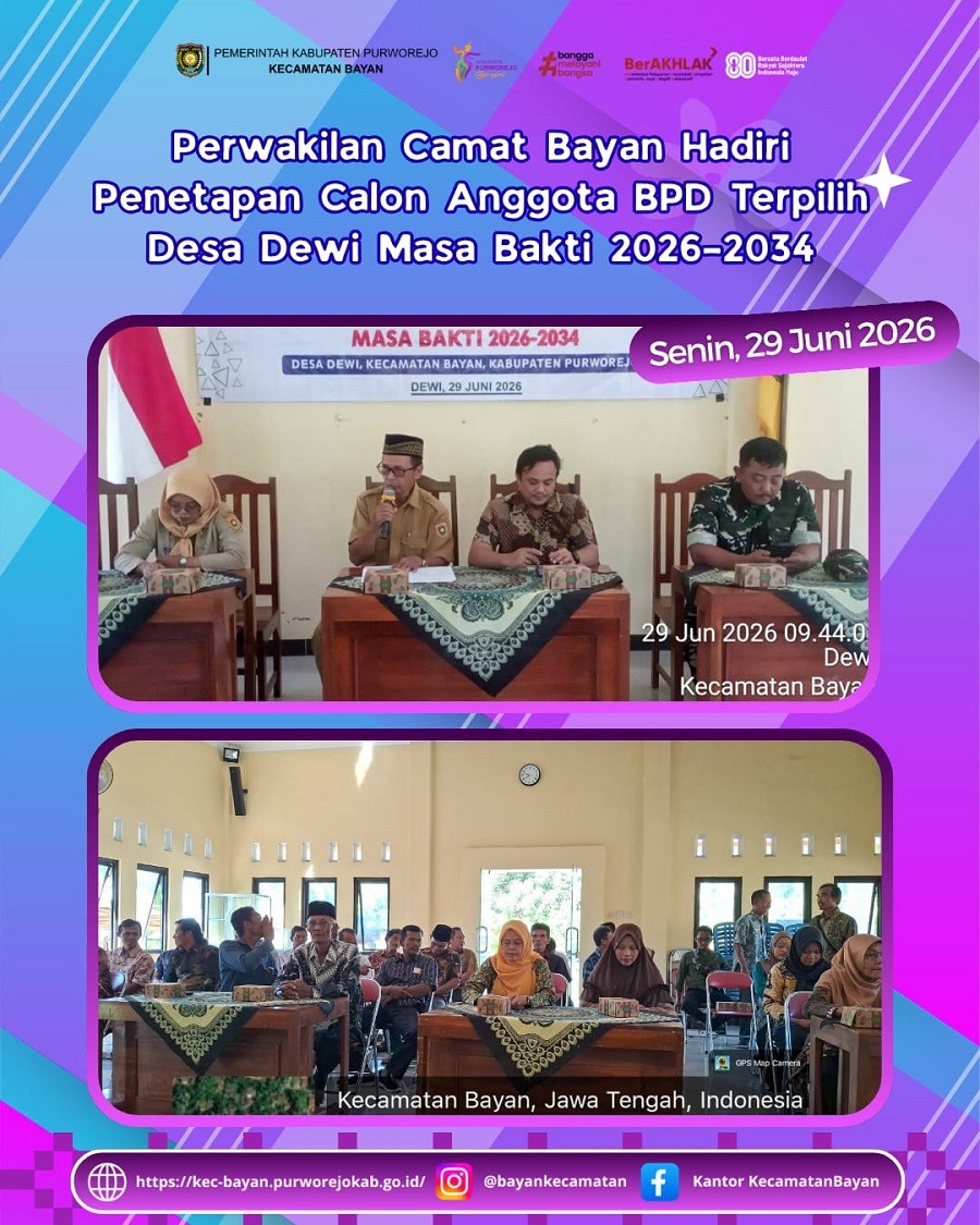 Perwakilan Camat Bayan Hadiri Penetapan Calon Anggota BPD Terpilih Desa Dewi Masa Bakti 2026–2034