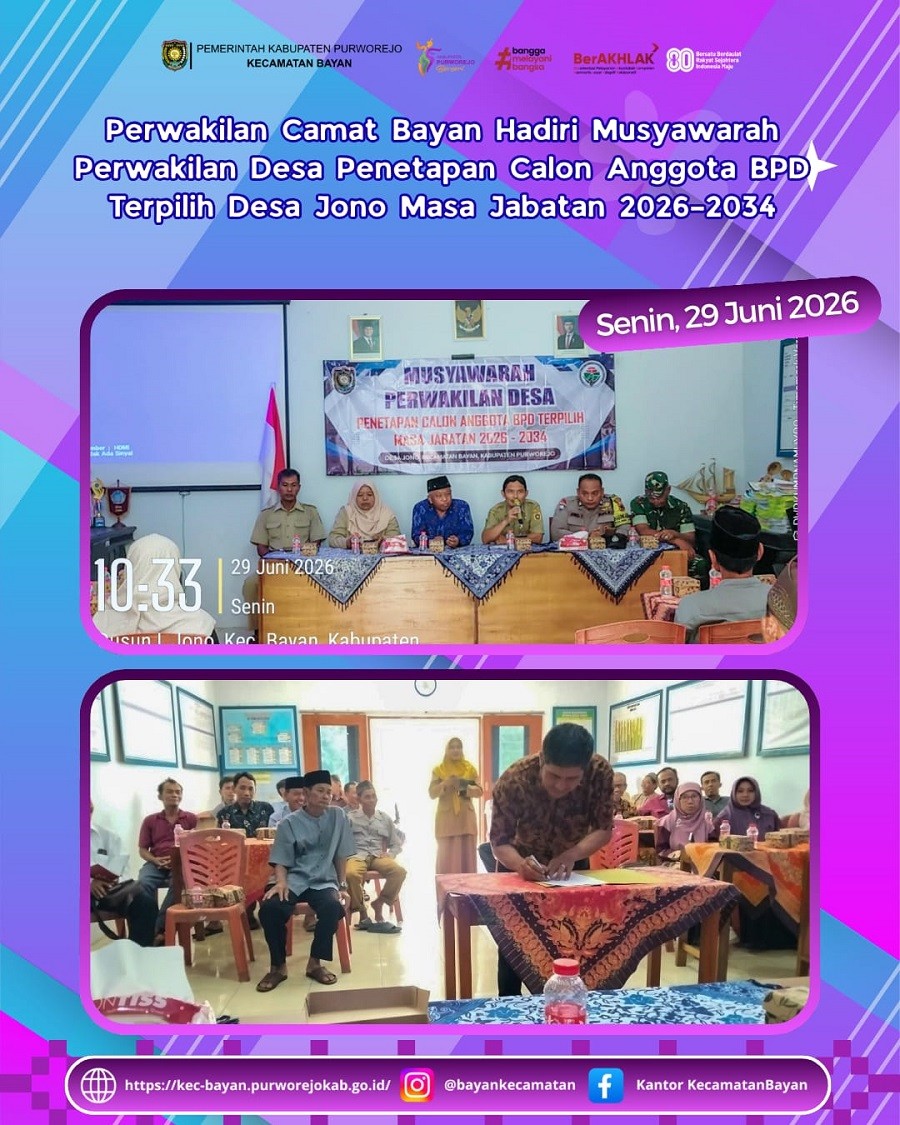 Perwakilan Camat Bayan Hadiri Musyawarah Perwakilan Desa Penetapan Calon Anggota BPD Terpilih Desa Jono Masa Jabatan 2026–2034