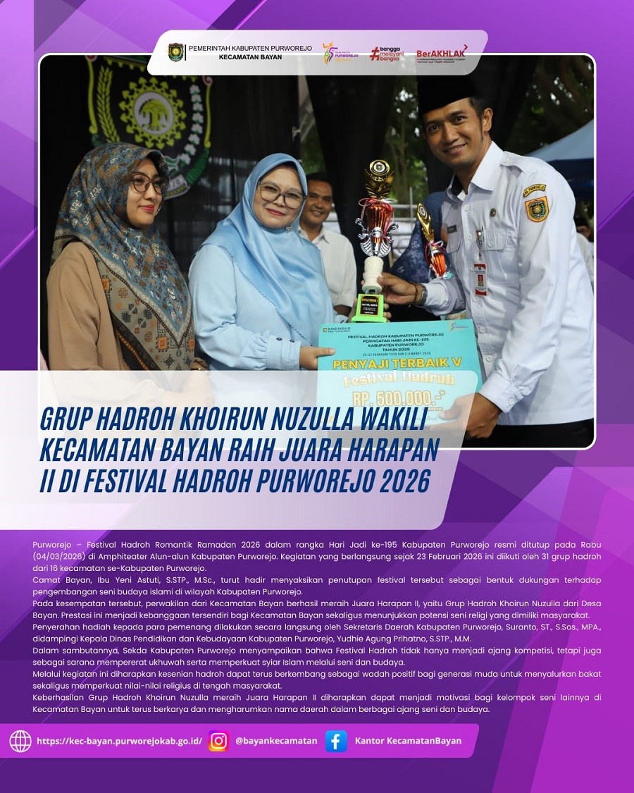 Grup Hadroh Khoirun Nuzulla Wakili Kecamatan Bayan Raih Juara Harapan II di Festival Hadroh Purworejo 2026